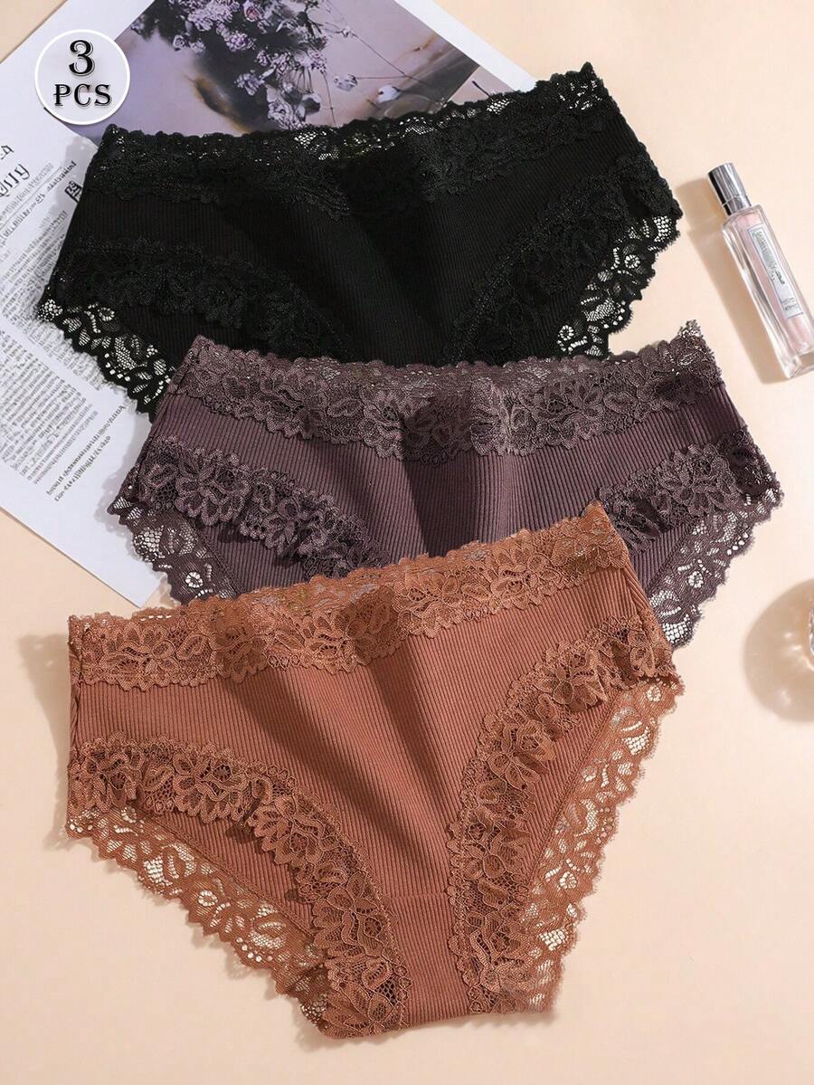 Bộ 3 chiếc quần lót nữ màu trơn, chất liệu cotton gân, phối ren, gợi cảm và thoải mái, thích hợp cho ngày Valentine, Giáng sinh, mùa thu/đông, xuân/hè và mặc hàng ngày. - Nhiều màu - Xem 1