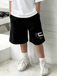 男大童字母圖案短褲 - 黑色 - 查看 4