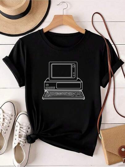 Maglietta da donna con stampa vintage anni '80 dei computer IBM Personal sui campus, taglia adulto XL, blu, maniche lunghe o corte