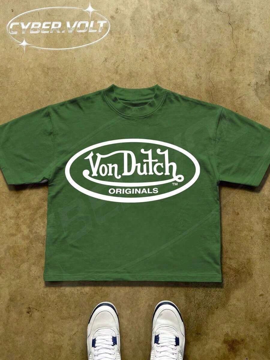 Dutch Manfinity Y2K Style Print (180g Pure Cotton T-Shirt) Cotton T-Shirt - Soft And Breathable, Green Print 100% Pure Cotton Fabric - Comfortable And Vibrant Summer Streetwear Short-Sleeved T-Shirt, Cool Motorcycle Design, Vintage Summer Everyday Wear T-Shirt - 橄欖綠 - 查看 1