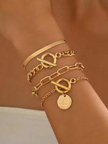 Set de 4 piezas de pulseras ajustables con cadena plana de serpiente estilo bohemio, cadena en forma de O creativa, regalo de moda punk - Amarillo Oro - Ver 3