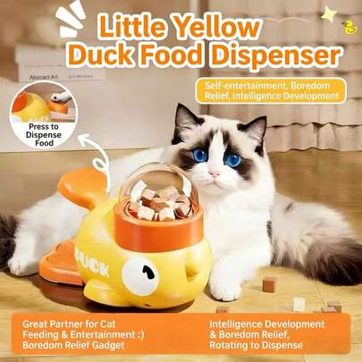 Cat & Dog Automatic Pet Feeder, New Interactive Small Yellow Duck Auto Food Dispenser, Interactive Dog Treat Dispenser