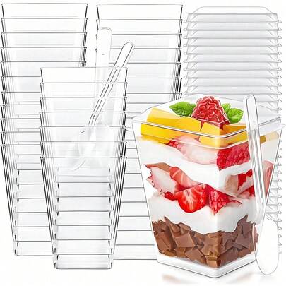 60pcs/20sets 5oz Plastic Dessert Cups With Lids, Yogurt/Appetizer Cups With Lids Suitable For Parties, Mini Dessert Cups With Spoons For Pudding, Fruit And Ice Cream, Wedding Supplies