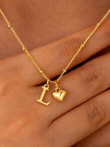 女士项链 18K镀金字母项链 精致金色名字项链 个性化小爱心吊坠首字母项链 金饰 - 金色 - 查看 5