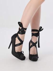 Women's Satin Ballerina Stiletto Heels Closed Square Toe Lace Up High Heel Strappy Mary Janes Elegant Party Shoes With Removable Ribbons - màu đen - Xem 5
