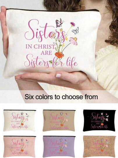 Makeup Storage Bag ,Printed With Creative Letters"Sisters In Christ Are Sisters For Life",Big Capacity Women Travel Cosmetic Bag For Toiletries,Diy Storage Bag,Lightweight Foldable Storage Bag, Suitable For Personal Travel Cosmetics Storage, Travel Pouch Bag Toiletry Bag, Birthday, Makeup Tools For Travel Gift, Birthday Gift,Travel Essentials Dorm Essentials,Meet Daily Travel Needs, Ideal Gift For Friends, Loved Ones, Family