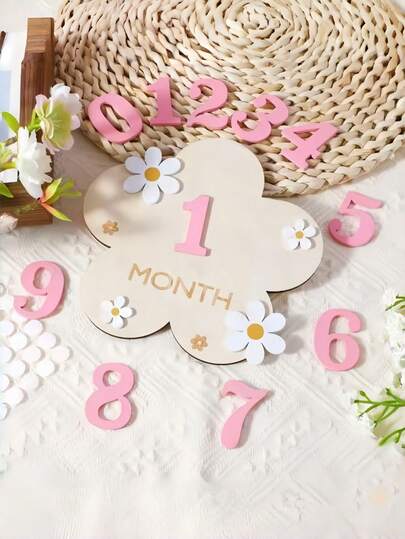 A Set Of Baby 1-12 Months Wooden Flower Milestone Baby Growth Record Photo Atmosphere Props ,Memorial Photo Prop, Double-Sided Mileage Plate Pendant Hanging Baby Monthly Milestone Cards,Wooden Newborn Milestone Monthly Cards