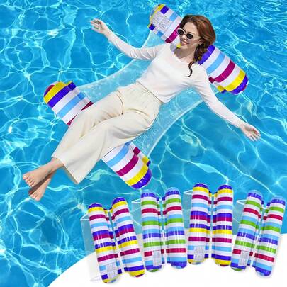 1pc Inflatable Dual-Tube Colorful Striped Hammock, PVC Material Foldable Floating Lounge Chair, Suitable For Summer Beach, Pool Party And Water Recreation