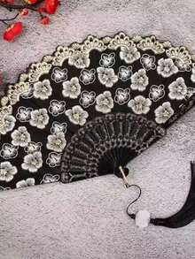 Breezier White Cherry Blossom Hand Fan With Gold Foil Print, Suitable For Home Use - Multicolor - View 3