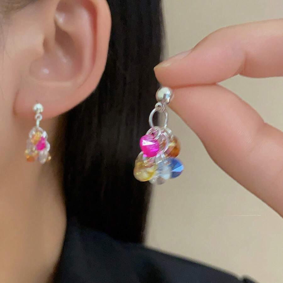 Rainbow Midsummer Colorful Dopamine Love Flower Earrings, Fashion Niche Sweet High-Value Geometric Star Drop Earrings - H6753 - 查看 1