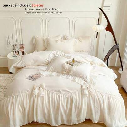 3件套白色蕾丝被套套装（1个被套+2个枕套，不含被芯），公主风涤纶3D蝴蝶结被套套装，加大双人床尺寸，柔软舒适，四季皆宜，四角系带，卧室、酒店的理想之选。