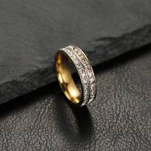 1pc High-End Stainless Steel Cz Inlaid Full Stars Single/Double Row Diamond Ring, Fashionable And Non-Fading, Suitable For Couples, All Seasons - Double Circle Gold - View 12