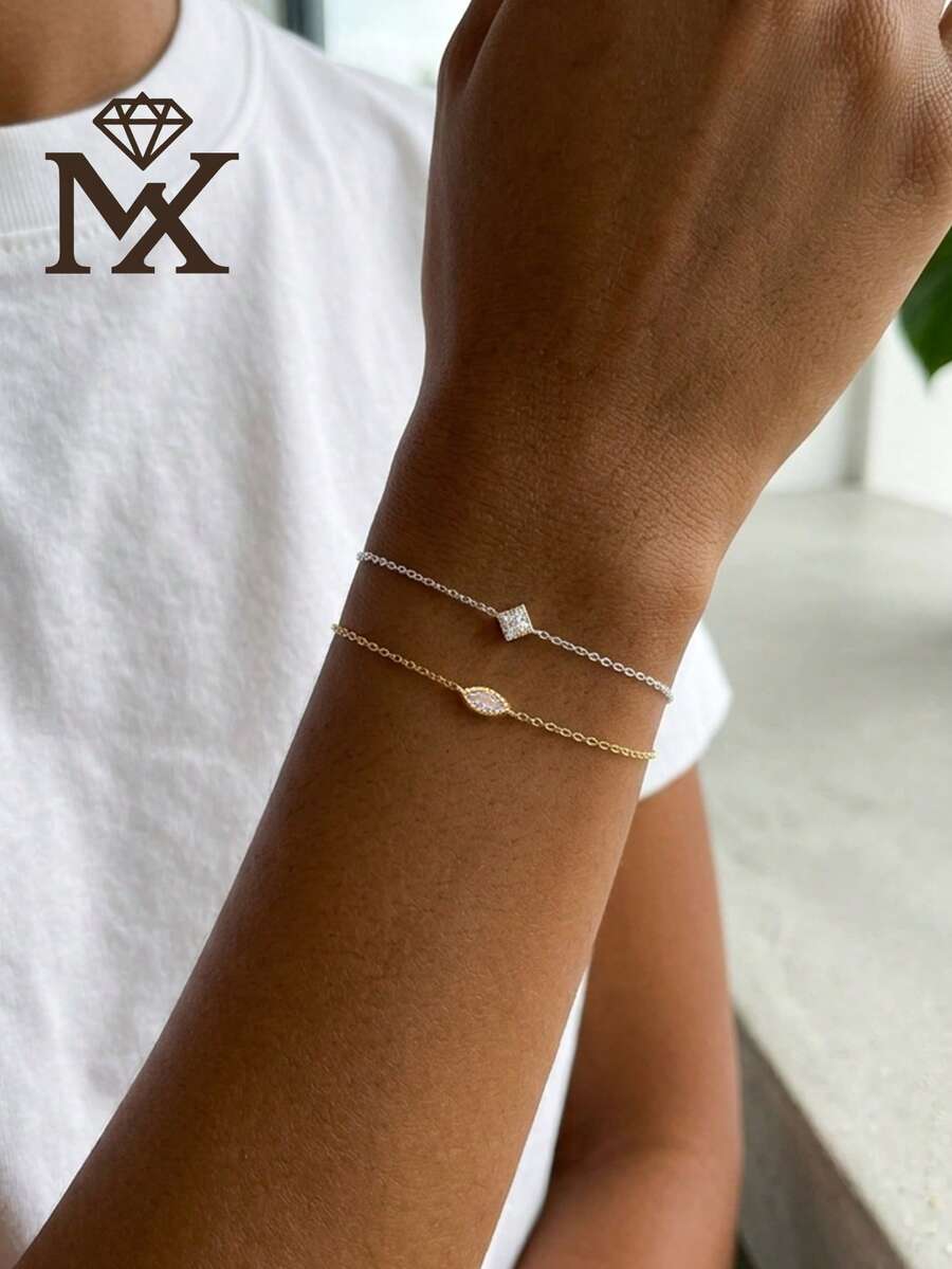 SYMFNY 925 Sterling Silver Dainty Bracelet For Women, Minimalist Rhombus & Marquise Zirconia Station Chain, Tiny Sparkling Cubic Zirconia Thin Link Bracelet, Gold & Silver Stackable Jewelry Gift. - Bracelet - View 1