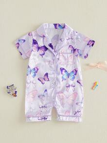 Satin Footless Pajamas Fashionable Strawberry Printed Short Sleeve Button Down Romper - 紫色 - 查看 6
