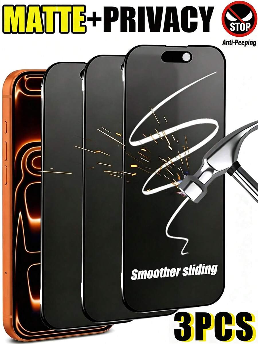 3pcs Privacy Matte Flim Compatible With IPhone 17 Pro Max, Anti-Peeping, Full Coverage, Anti-Fingerprint, Anti-Drop, Anti-Scratch, Waterproof, Full Coverage And Anti-Peeping, Compatible With IPhone 11/12/13/14 Pro Max/15 Pro Max/16/16 Plus/16 Pro/16 Pro Max/16e/17/17 Air/17 Pro/17 Pro Max/17e - Black - View 1