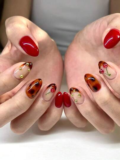 24pcs Almond-Shaped Short Press-On Nails, Sweet Cherry Series With Cherry, Rhinestone French Designs, Minimalist Cute False Nails Suitable For Parties And Daily Wear, Comes With Jelly Gel And Nail Files