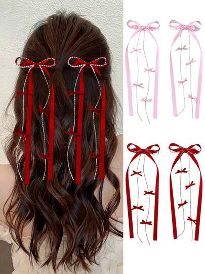 2/4件套女士时尚优雅粉色和红色仿珍珠蝴蝶结发夹，适合日常场合、上学、女士发饰、女士礼物