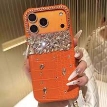 Crocodile Pattern Sequins,Rhinestone Luxury Orange Crocodile Embossed Rhinestone Phone Case Compatible With Iphone 17 Pro Max, 17 Pro, 17, 16 Pro Max, Elegant Phone Case 17 - Orange - View 1