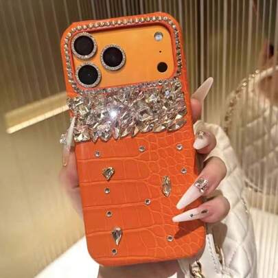 Luxury Orange Crocodile Embossed Rhinestone Phone Case Compatible With Iphone 17 Pro Max, 17 Pro, 17, 16 Pro Max, Elegant Phone Case 17