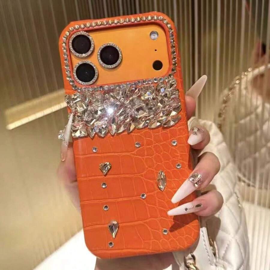 Crocodile Pattern Sequins,Rhinestone Luxury Orange Crocodile Embossed Rhinestone Phone Case Compatible With Iphone 17 Pro Max, 17 Pro, 17, 16 Pro Max, Elegant Phone Case 17 - Orange - View 1