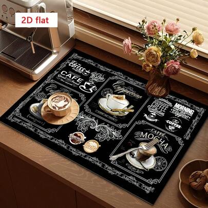 1pc Coffee Machine Mat, Cutlery Drying Mat, Vintage Coffee Cup Printed Desktop Decor Mat, High Absorbency Polyester Material, Multifunctional Sink Drain Mat, Suitable For Coffee Shop, Restaurant, Home Kitchen Countertop Decor And Cutlery Drying, Ideal Home Gift