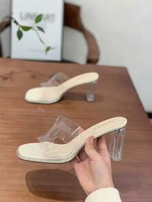 Transparent Strap High Heel Sandals, Street Style PVC, Suitable For Holidays & Summer - Beige - View 6