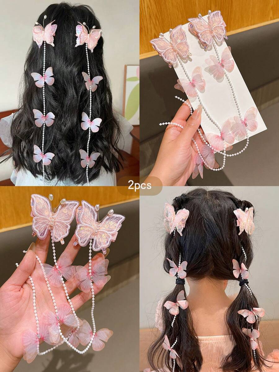 2pcs Pink Butterfly Tassel Hair Clips, Sweet Style Hair Accessories Suitable For Daily Use