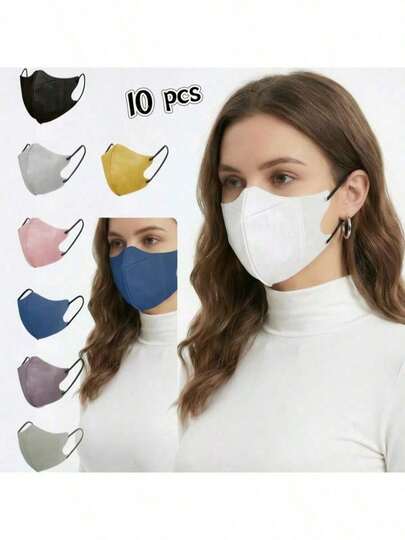 10pcs Plus Size Solid Color 3D Stereoscopic Adult Disposable Dustproof Non-Woven Mask