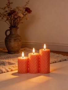 Plastic Beige Gear Striped Electronic Flameless Candle Set, Modern Flameless LED Party Candles, Faux Stone Wax Material Home Decor Candle Accessories - Multicolor - View 9