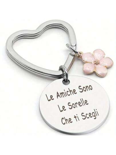 1pc Women's Fashion Stainless Steel Keychain With Heart Ring And Cherry Blossom Charm, Engraved With Italian Phrase, Elegant Friendship Bag Accessory