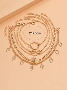 5pcs/Set Gold Infinity Symbol & Leaf Pendant Beach Style Anklet, Versatile For Daily Wear And Vacation - Gold - View 4