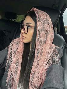 1pc Women's Solid Color Elegant Lace Pearl Cutout Headscarf, Luxury Bohemian Hijab/Shawl, Suitable For Daily Wear, Weddings, Churches, Formal Events - Coral Pink - View 3