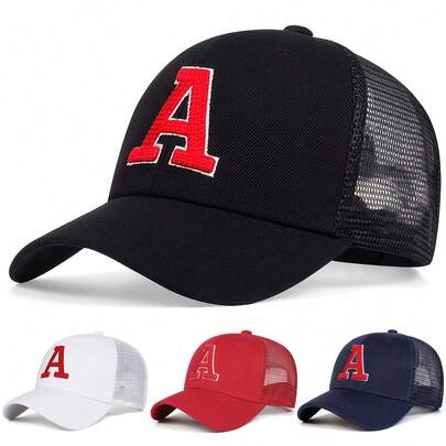 1pc Men's A Letter Embroidered Trucker Cap, Baseball Hat, Streetwear Fashion Mesh Cap, Outdoor Sun Protection Casual Hat For Spring, Autumn, Travel, Beach