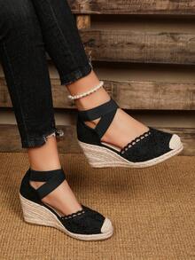 Women's Criss-Cross Elastic Mesh Floral Velvet Linen Rope Casual Wedge Shoes - Black - View 6