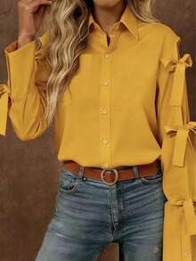 Camisa de manga larga de un solo pecho con lazo decorativo, unicolor blanco para primavera - Amarillo Mostaza - Ver 6