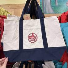 Trader Joe Large Tote Shopping Bag Cotton Canvas Embroidered Bag - 深藍色 - 查看 5