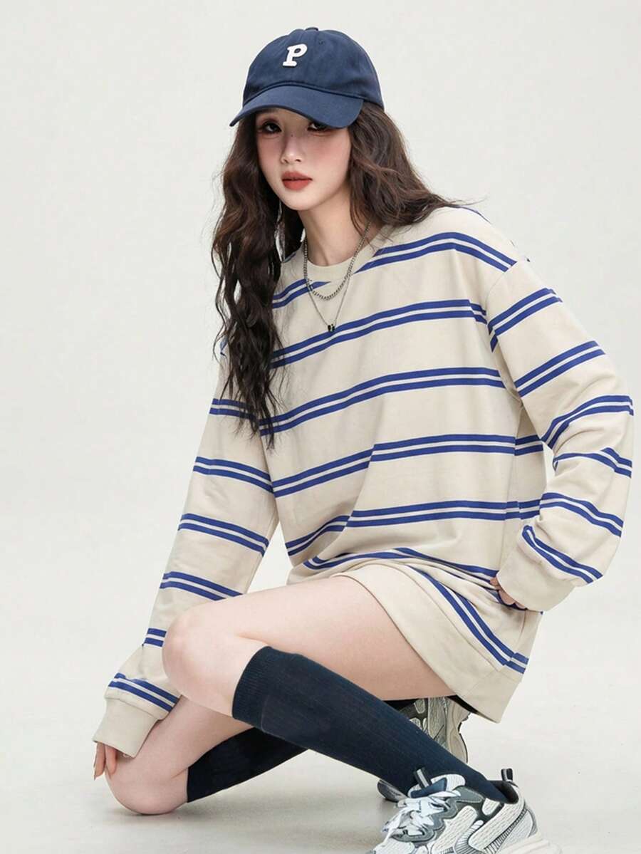 Áo thun dài tay dáng rộng kẻ sọc xanh dương JUTU mùa xuân & thu dành cho nữ - 2A21 Sọc Xám Xanh - Xem 1