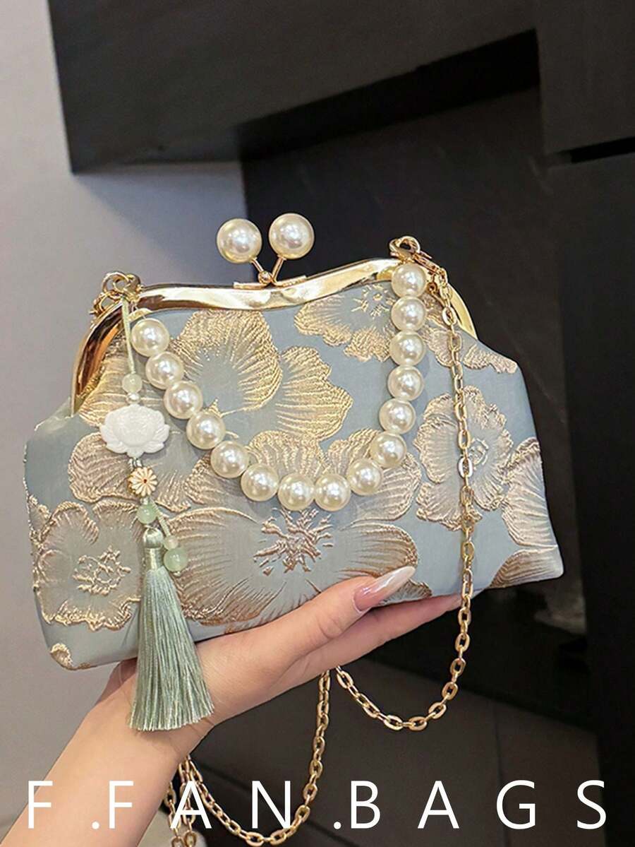 Túi xách thêu kiểu Trung Quốc mới dành cho nữ, ví cầm tay đính ngọc trai thời trang mùa hè, túi đeo chéo, túi cưới, túi đính ngọc trai, túi dự tiệc. - Nhiều màu - Xem 1