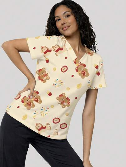 cimmuovere Blusa holgada de cuello en V con bolsillos múltiples con estampado de enfermería, uniformes médicos, ropa de trabajo para enfermeras, dentistas, personal de salud, veterinarios y laboratorios, con lindo estampado de oso para el Día de San Valentín y la primavera