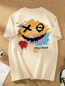 Camiseta de Verano para Hombre, Casual, de Cuello Redondo y Manga Corta, con Estampado de Letras y Cara Sonriente - Blanco - Ver 5