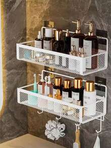 Iron Art Bathroom Shower Gel Rack, Wall-Mounted Long Bar With Hooks, No Drilling Required Kitchen Storage Organizer - Black - View 13