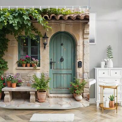 1 件装迷人乡村小屋风格浴帘，做旧绿松石色门上饰有复古灯笼和陶盆中盛开的花朵，营造出古朴的欧洲乡村氛围，涤纶材质，配有 12 个挂钩，尺寸为 70.8 x 70.8 英寸