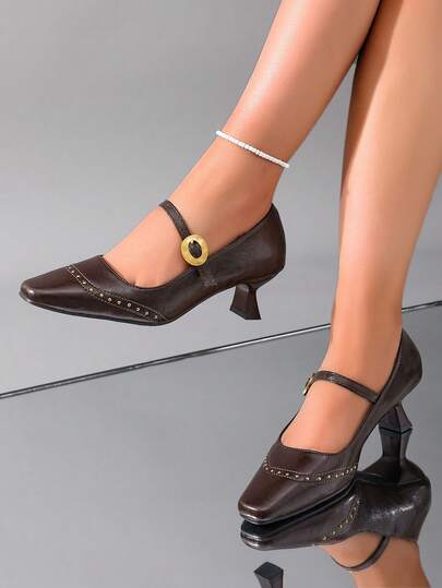 2026 Fashion Black Leather Shoes With Gold Cat & Square Buckle Decor For Women