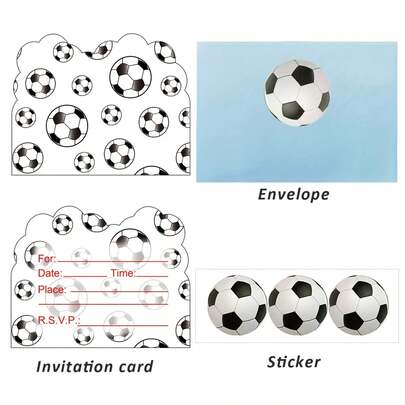 1/3/5 套足球主题生日派对邀请函，包含 1/3/5 个信封和 1/3/5 张足球贴纸，双面彩色印刷设计，足球主题派对必备装饰品