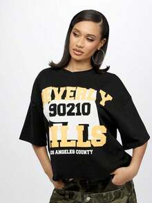 Camiseta Oversize Crop Top  90210 con Estampado Gráfico de LA County, Estilo Retro de Programa de TV, Ropa Urbana para Fans, Moda de Verano y Festivales - Negro - Ver 7