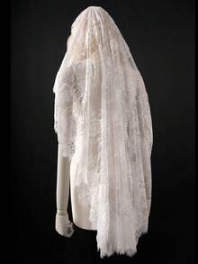 1 Pc French Lace Wedding Veil Elegant Mantilla Style Fingertip Length Bridal Veil With Comb For Bride Ivory,Summer,Beach - Ivory - View 3