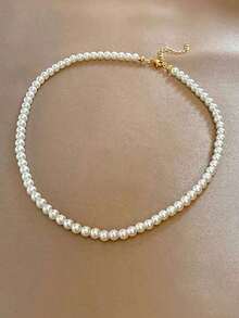 1pc Vintage French Style White & Pink Faux Pearl Necklace, Simple Choker For Women Daily Wear - White - View 8