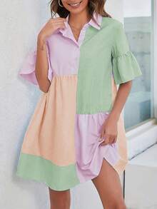 Abito camicia donna, nuovo stile elegante e dolce per primavera/estate, design a righe colorate e patchwork, maniche corte con volant ai polsini, versatile, elegante e grazioso, adatto per vacanze, uso casual quotidiano, tutte le stagioni - Corallo rosa verde - Visualizzare 5