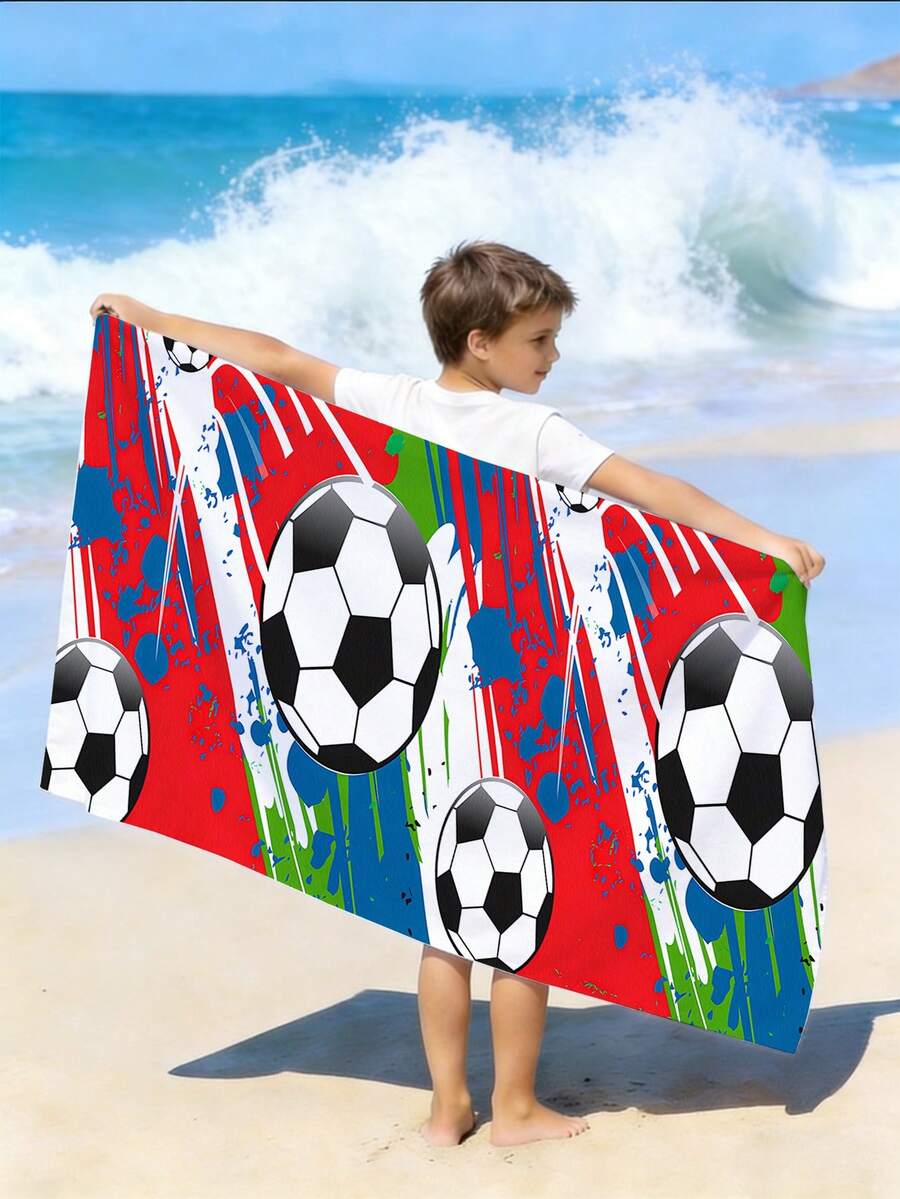 1 pièce Serviette de plage pour enfants avec motif de football soccer, imprimé graffiti. Serviette microfibre séchage rapide pour garçons, piscine, bain. Serviette pour enfants/étudiants pour commande groupée (accessoire de piscine/plage doux et séchage rapide) - Multicolore - Voir 1