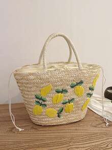 Summer Fruit Pattern Woven Tote Bag, Women Holiday Casual Handbag Suitable For Beach, Seaside, Vacation - Khaki - View 19